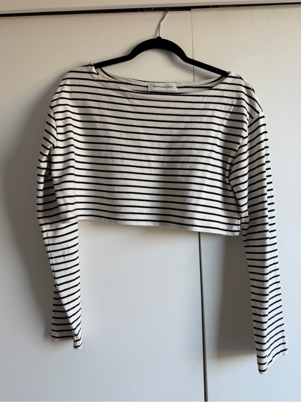 The Frankie Shop White and Black Striped Cropped Long-Sleeve Top